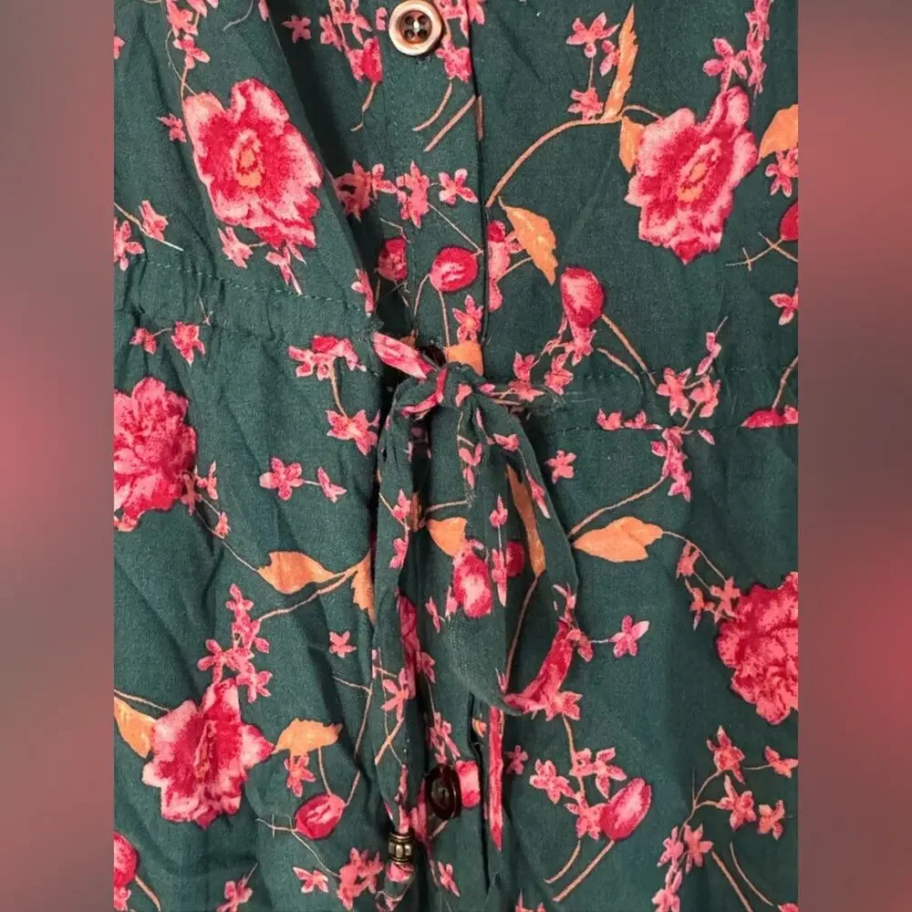 Free People Womens Green Flower Fields Mini Ruffle Shirt Dress S Boho